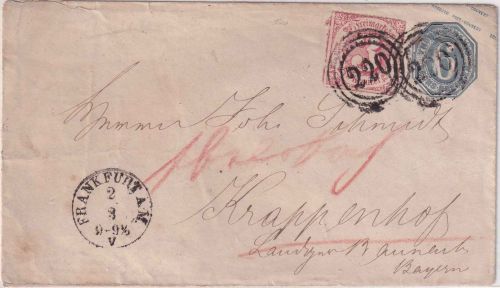 Thurn & Taxis - 6 Kr. Ganzsache+Zusatz Ring 220 Frankfurt a/M. - Ebelsbach