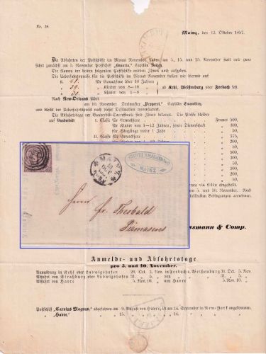 Thurn & Taxis/Bayern - 6 Kr. geschn. Brief Ring 134 Mainz - Pirmasens 1857