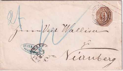 Thurn & Taxis - 9 Kr. Ganzsache Ring 220 Frankfurt a/M Nürnberg 12 Kr. Nachporto
