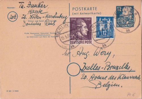 SBZ/DDR - 12/12 Pfg. Engels Ganzsache + Zusatz n. BELGIEN Berlin - Brüssel 1950