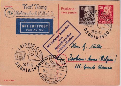 SBZ/DDR - 30 Pfg. Engels Ganzsache/A-Teil+Zusatz Lupo-Karte n. BELGIEN 1950