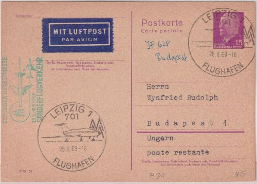 DDR - 15 Pfg. Ulbricht Ganzsache Luftpostkarte/Messe-Sonderflug n. UNGARN 1969
