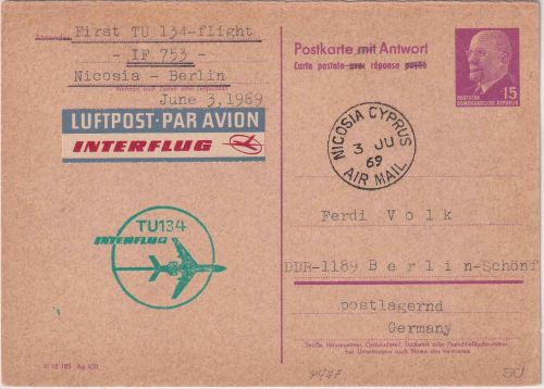 DDR - 15 Pfg. Ulbricht Ganzsache/A-Teil Interflug Erstflug Nicosia - Berlin 1969