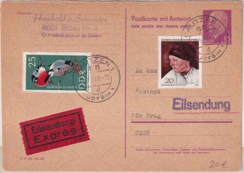 DDR - 15 Pfg. Ulbricht Ganzsache/A-Teil +Zusatz Eilkarte i.d. CSSR Bautzen 1966