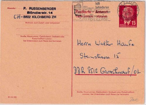 DDR - 15 Pfg. Pieck Ganzsache/A-Teil Zürich - Großrohrsdorf 1971