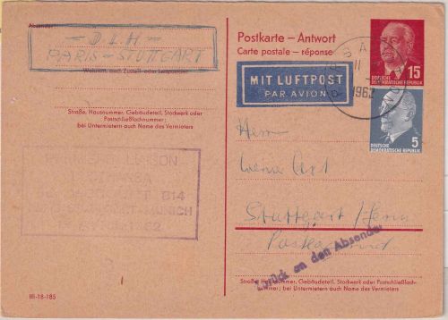 DDR - 15 Pfg. Pieck Ganzsache/A-Teil+Zusatz LH-Erstflug Paris - Stuttgart 1962