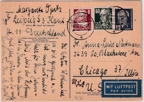 DDR - 12 Pfg. Pieck Ganzsache+Zusatz Luftpostkarte n. USA Leipzig - Chicago 1952