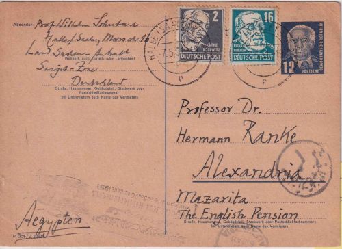 DDR - 12 Pfg. Pieck Ganzsache+Zusatz n. ÄGYPTEN Halle - Alexandria 1951