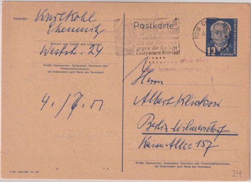 DDR/Postkrieg - 12 Pfg. Pieck Ganzsache Chemnitz - Berlin 1951 Gegenstempel !