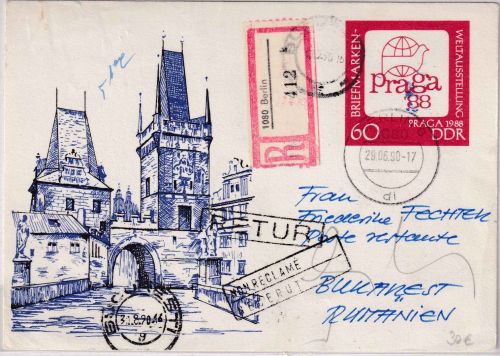 DDR - 60 Pfg. Sonderganzsache Praga'88 Einschreibekarte n. RUMÄNIEN Berlin 1990