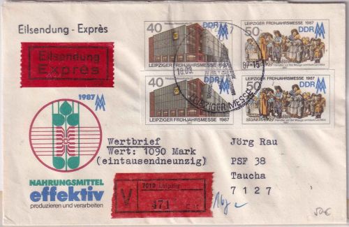 DDR - 50+40 Pfg. Sonderganzsache+Zusatz Eil-Wertbrief Leipzig Messe 1987