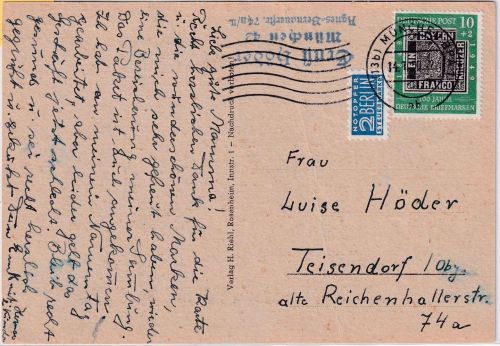 BRD - 10 Pfg. 100 Jahre Deutsche Briefmarke Karte München - Teisendorf 1950