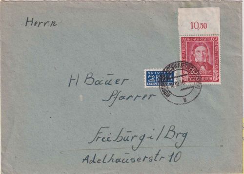 BRD - 20 Pfg. Wofa 1949 Oberrand + Notopfer Brief Hornberg - Freiburg 1950