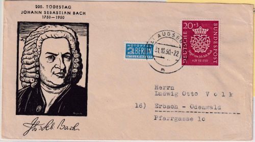 BRD - 20 Pfg. 200. Todestag Bach Schmuckkuvert Augsburg - Erbach 1950