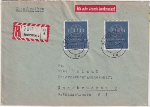BRD - 2x40 Pfg. Europa Ortseinschreibebrief Saarbrücken 22.3.60