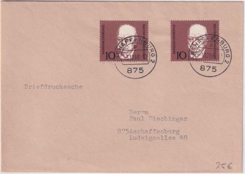 BRD - 2x10 Pfg. Churchill ex Block Orts-Briefdrucksache Aschaffenburg 3.12.68