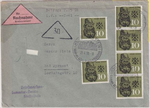 BRD - 6x10 Pfg. Adam Riese Nachnahmebrief Staffelstein - Bad Pyrmont 1959
