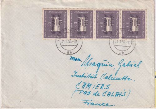 BRD - 10 Pfg. 200. Geb. Mozart Brief n. FRANKREICH Berlin - Camiers 1956