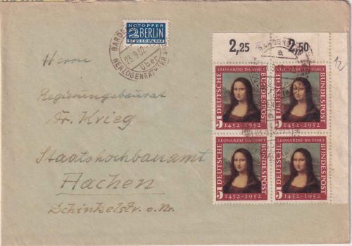 BRD - 5 Pfg. Mona Lisa 4er-Block/Bogenecke Brief Bardenberg ü. Herzogenrath 1952