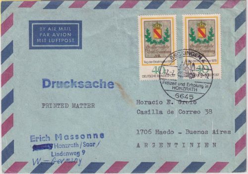BRD - 2x40 Pfg. Tag d. Briefmarke Lupo-Drucksache n. ARGENTINIEN Beckingen 1979