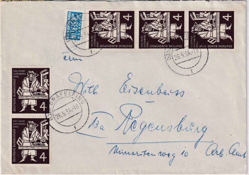 BRD - 5x4 Pfg. Gutenberg-Bibel Brief Gräfelfing - Regensburg 1954