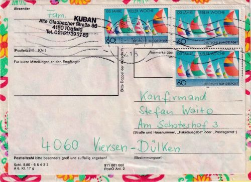 BRD - 3x60 Pfg. 100 J. Kieler Woche Brief-Vds. (bis 250g) Krefeld - Viersen 1982