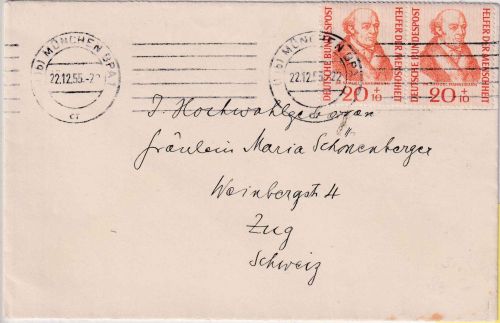 BRD - 20 Pfg. Wofa waagr. Paar 1955 Brief i.d. SCHWEIZ München - Zug 22.12.55