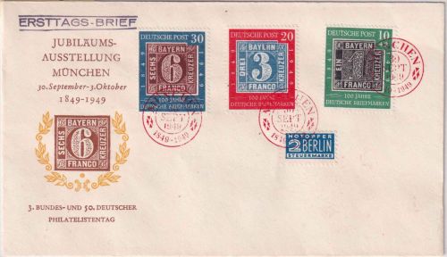 BRD - 100 Jahre Deutsche Briefmarke Satz/Schmuck-FDC ESST München 30. SEPT 1949