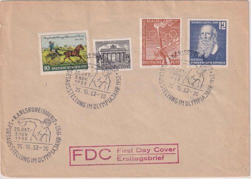 BRD - 10 Pfg. Tag der Briefmarke u.a. FDC ESST Karlsruhe 25.10.52