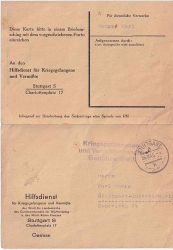 All.Bes. - Stuttgart 26.10.45 Kriegsgefangenenkarte/Ortskarte (Vordruck !)