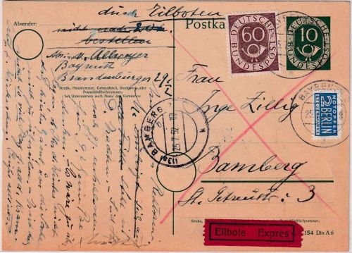 BRD - 10 Pfg. Posthorn Ganzsache/Eilkarte Bayreuth - Bamberg 1952