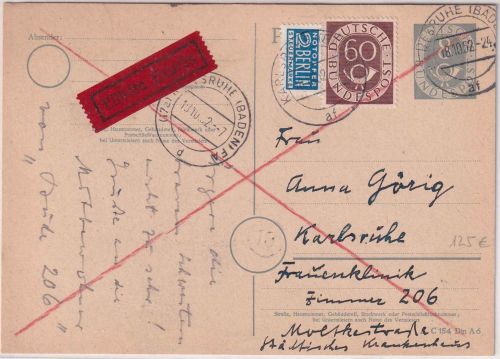 BRD - 8 Pfg. Posthorn Ganzsache/Orts-Eilkarte Karlsruhe 18.10.52