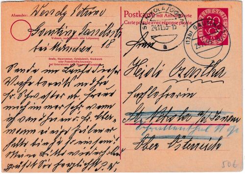 BRD - 20 Pfg. Posthorn Ganzsache/F-Teil n. ÖSTERREICH Gauting - St. Nicola 1955