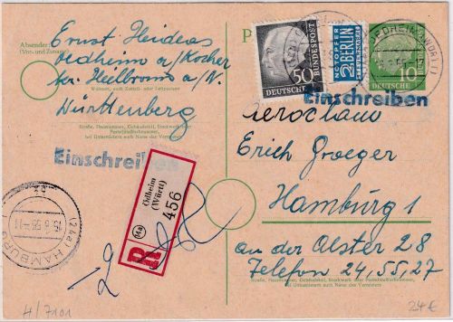 BRD - 10 Pfg. Heuss I Ganzsache/Einschreibekarte Ödheim - Hamburg 1955