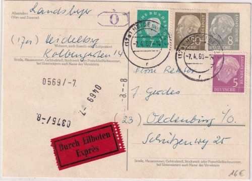 BRD - 8 Pfg. Heuss I Ganzsache/Eilkarte Heidelberg - Oldenburg 1960