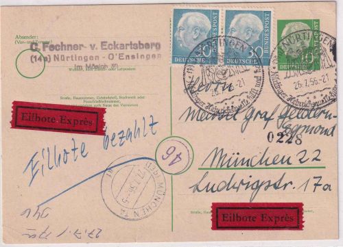 BRD - 30 Pfg. Heuss I waagr. Paar + 10 Pfg. Ganzsache/Eilkarte Nürtingen 1956