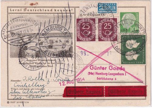 BRD - 25 Pfg Posthorn waagr. Paar+10 Pfg. Bildganzsache/Eilkarte Altensteig 1954