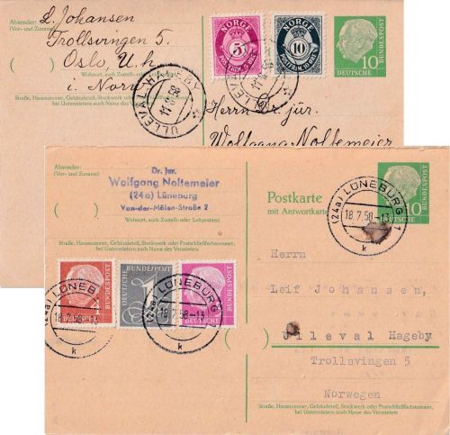 BRD - 10/10 Pfg. Heuss Ganzsache n. NORWEGEN + retour Lüneburg - Ulleval 1958