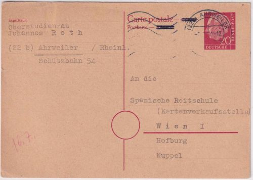 BRD - 20 Pfg. Heuss Ganzsache/A-Teil n. ÖSTERREICH Ahrweiler - Wien 1961