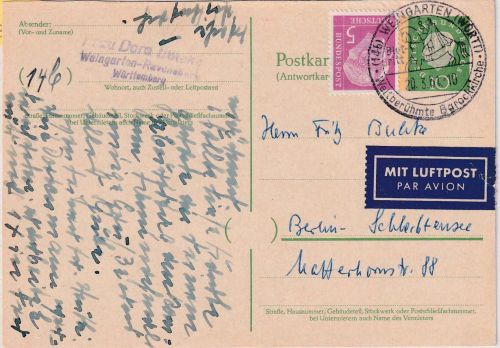 BRD - 10 Pfg Heuss III Ganzsache + Zusatz/Luftpostkarte Weingarten - Berlin 1961