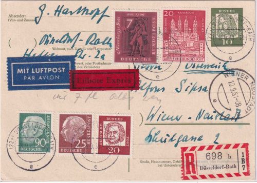 BRD - 10 Pfg. Bed. Deutsche Ganzsache/Luftpost-Eil-Einschreibekarte n ÖSTERREICH