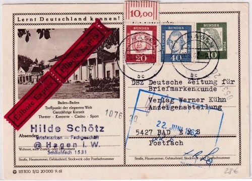 BRD - 10 Pfg. Bed. Deutsche Bildganzsache/Eilkarte Hagen - Bad Ems 1962