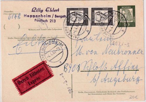 BRD - 10 Pfg. Bed. Deutsche Ganzsache/Eilkarte Heppenheim - Affing 1962