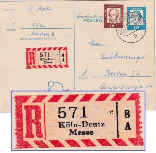 BRD - 15 Pfg. Bed. Deutsche Ganzsache/Einschreibekarte Köln-Deutz-Messe 1964
