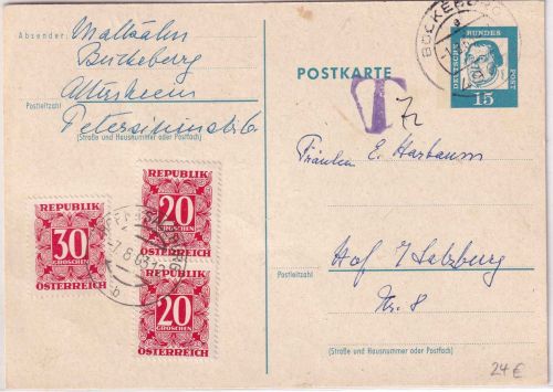 BRD - 15 Pfg. Bed. Deutsche Ganzsache n. ÖSTERREICH Bückeburg 1963 Nachporto !