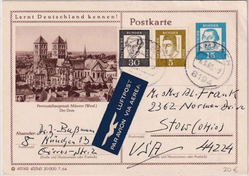 BRD - 15 Pfg Bed. Deutsche Bildganzsache/Luftpostkarte n. USA Ambach - Stow 1966