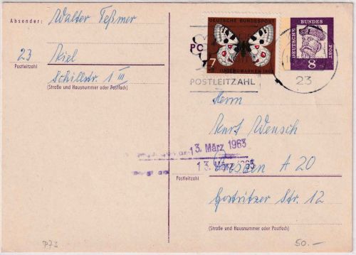 BRD - 8 Pfg Bed. Deutsche Ganzsache + Zusatz Kiel - Dresden 1963