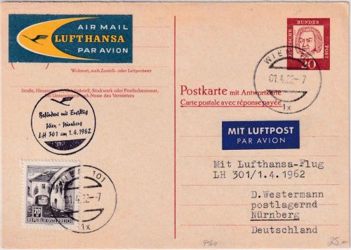 BRD - 20 Pfg Bed. Deutsche Ganzsache/F-Teil v. ÖSTERREICH Wien - Nürnberg 1962