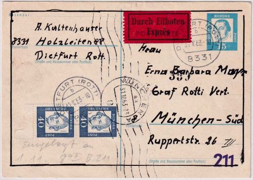 BRD - 15 Pfg Bed. Deutsche Ganzsache/Eil-Trauerkarte Dietfurt a/R - München 1963