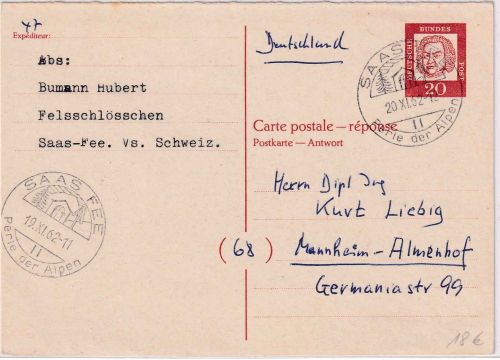 BRD - 20 Pfg Bed. Deutsche Ganzsache/A-Teil a.d. SCHWEIZ Saas Fee Mannheim 1962